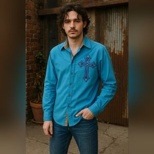 Ace of Diamond Blue Embroidered Cross Western Shirt Men’s Long Sleeve